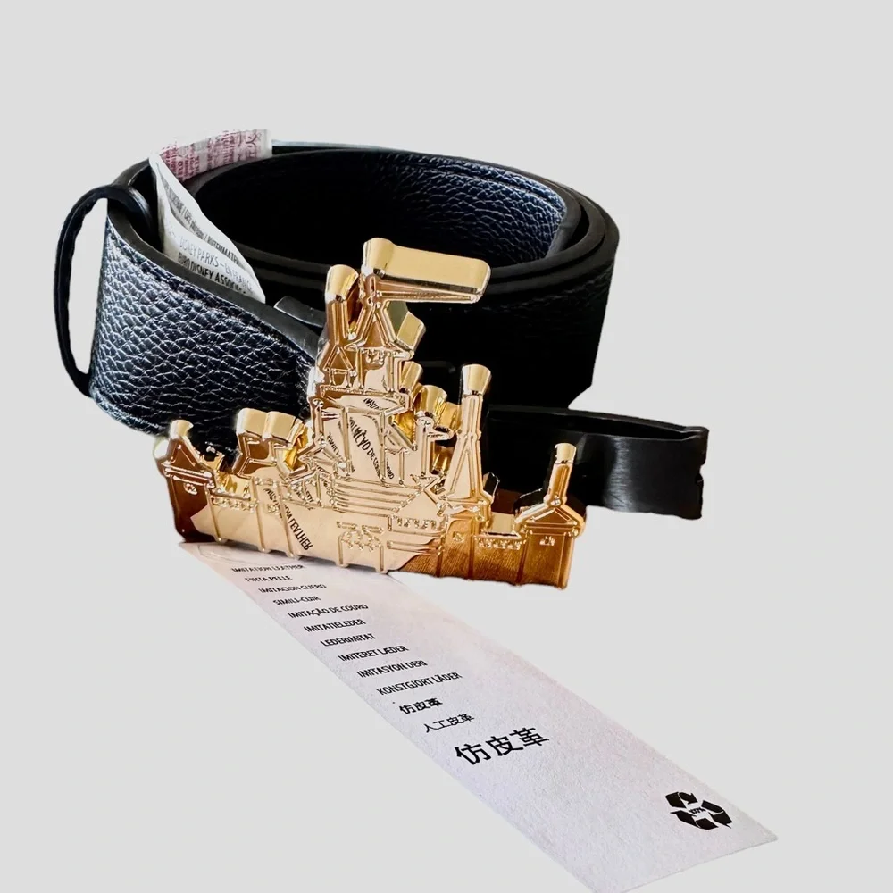 NWT Disney Parks Metal Fantasyland Castle Buckle Black Simulated Leather